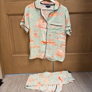 Katie Kime Pajama Set: Hampton toile in Mint and Coral
